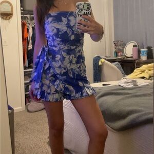 Blue Floral Strapless Romper